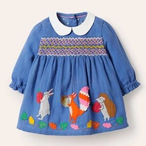 Baby Boden Girls Woodland Appliqué Twill Smocked Dress - Size 12-18M